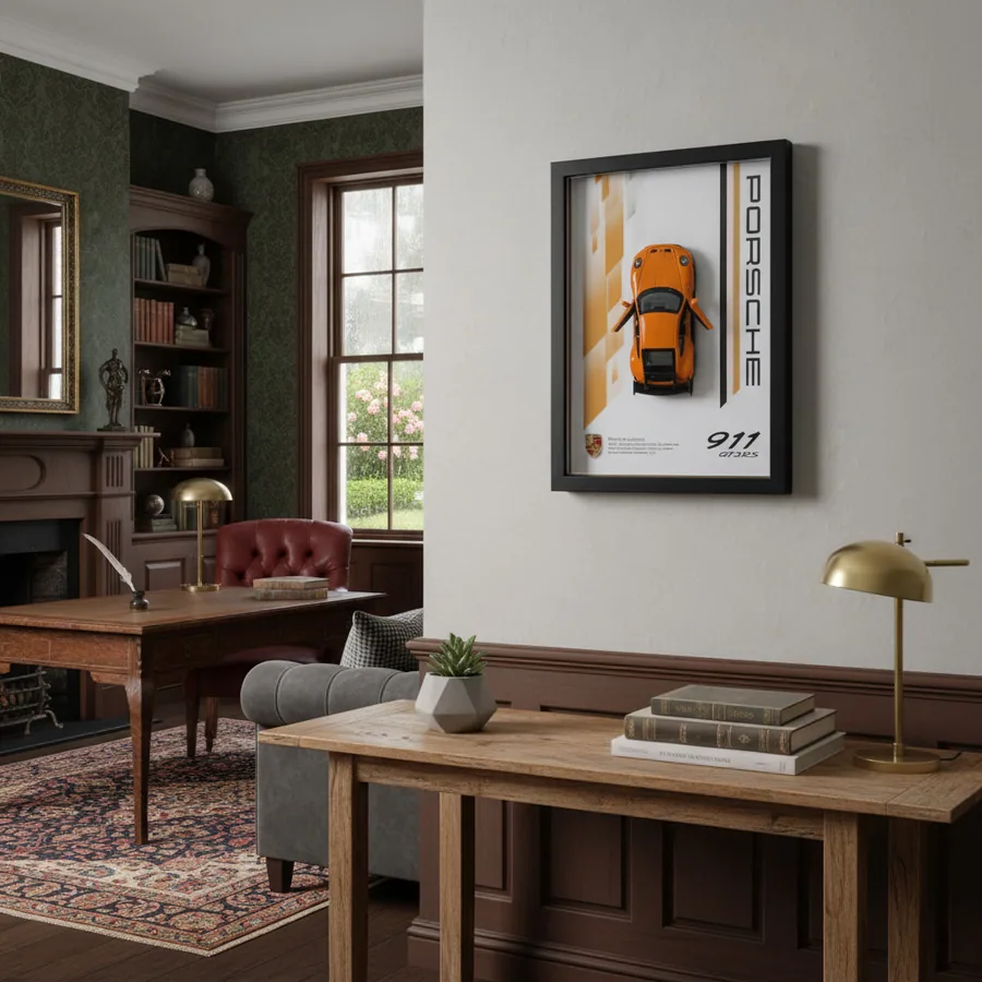 Orange Porsche 911 GT3 RS diecast model in a framed wall display
